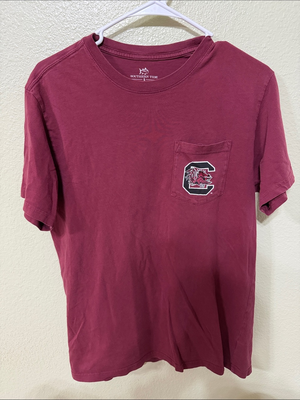 Southern Tide Garnet Short Sleeve Pocket Tee with Gamecock Patch